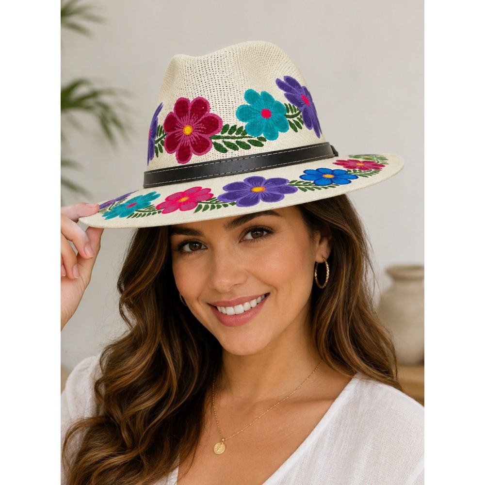 Mexican Artisan Floral Hand Painted Fedora Sun‎ Hat Cream Straw Large NWT